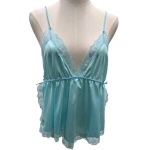Vtg Made In California Babydoll Chemise Side Slits Lace Sz M 70's Blue Sheer USA